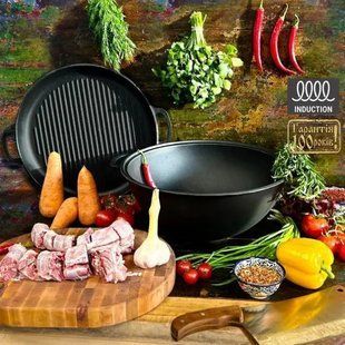 Казан чавунний узбецький 18 л WOK із кришкою-сковородою гриль "Наша Майстерня" V18СРGr фото