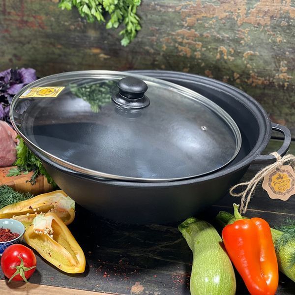 Казан чугунный узбекский объемом 18 л WOK со стеклянной крышкой "Наша Майстерня" (толстостенный) НМК-18КСТ фото