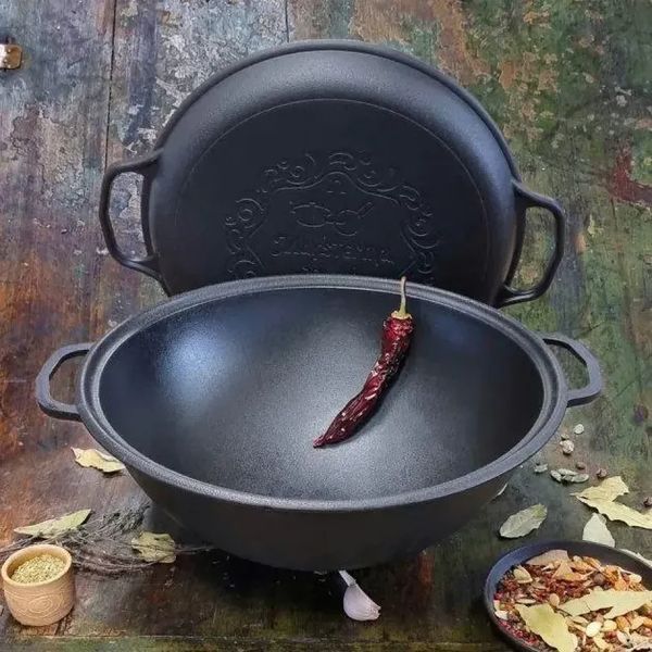 Казан чугунный узбекский 8 л WOK с крышкой-сковородой гриль "Наша Майстерня" (толстостенный) НМК-8СКГ фото